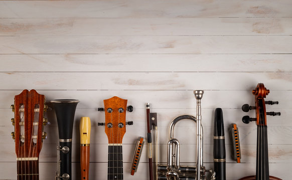 instruments in white wooden background