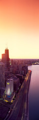 Fototapete - Panoramic view of Chicago skyline and John Hancock building at sunset, Chicago, IL