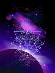 Wall Mural - vector illustration of sacred geometric symbol against the space background with sunrise and stars.