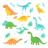 Fototapeta Dinusie - Cute dinosaur set for kids, baby clipart design. Colorful dino of hand drawn style. Vector illustration of dinosaurs isolated on background.