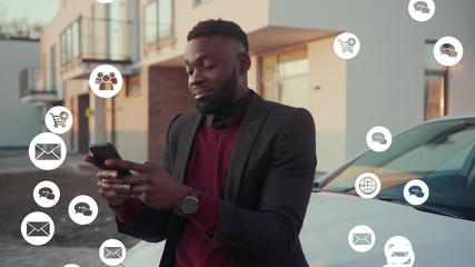 Close up african american man stand near car white animation сloud technology internet networking device online storage computing icon network connection virtual interface digital slow motion