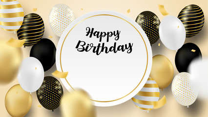 Wall Mural - Happy Birthday celebration card. Design with black, white, gold balloons and gold foil confetti. soft background. vector.