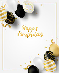 Wall Mural - Happy Birthday celebration card. Design with black, white, gold balloons and gold foil confetti. white background. vector.