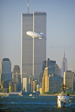 World Trade Towers With Good Year Blimp In Foreground, New York City, NY