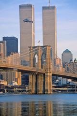 Fototapete - View of the World Trade Towers, Brooklyn Bridge with TV helicopter, New York City, NY