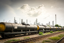 Oil Transportation Train Is Unloading At Oil Refinery.