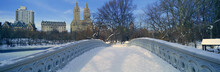 Panoramic View Of Bridge Over Frozen Pond In Central Park, Manhattan, NY On Upper West Side Near Central Park West