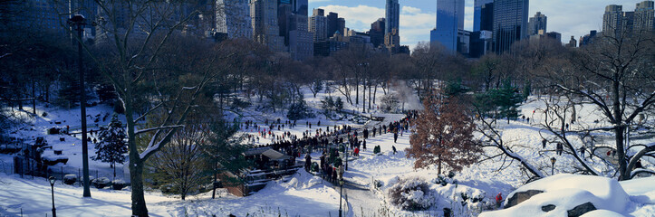 Fototapete - Panoramic view of ice skating Wollman Rink in Central Park, Manhattan, New York City, NY after winter snowstorm