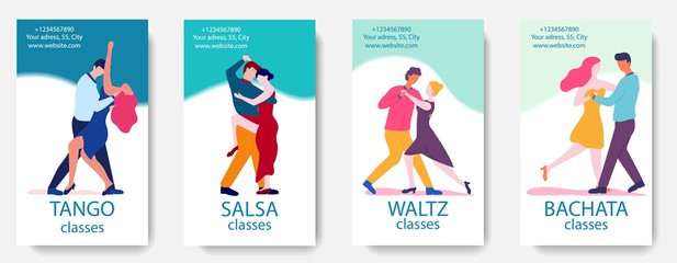 Dance Classes Advertisement. Dance School Flyer Template with Man Woman Dancers. Teaching Classic Waltz Tango Salsa Bachata. Choreography Learning. Business Promotion Vector Illustration