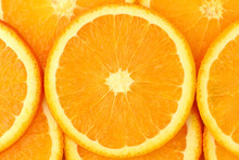 Fresh Orange Slices Close Up Background. Juicy Sun Orange Macro Shot. 