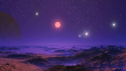 Wall Mural - UFO over Misty Planet. A UFO takes off from the foggy horizon, several more circling the sky. Bright sun slowly sets. Large moon rises over stony desert covered with fog.