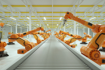 Automatic assembly line. Orange robot arm manipulator with empty conveyor belt. Technology concept, future. 3D rendering, 3D illustration, copy space.