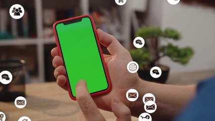 Hands young man using smartphone with green screen white animation сloud technology internet networking device online storage computing icon network connection virtual interface digital slow motion