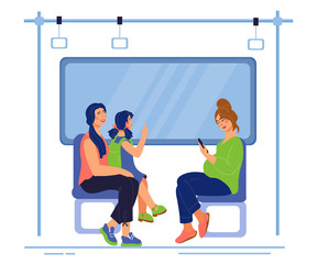 Wall Mural - Passengers characters in subway or suburban train sitting and looking at window. People in public railway transport. Urban vehicle and transportation. Flat vector illustration isolated.