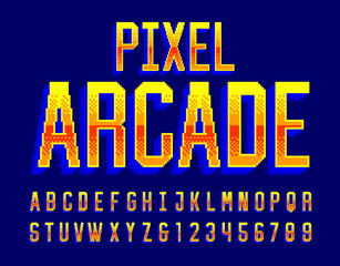Poster - Pixel Arcade alphabet font. Digital 3d effect letters and numbers. 80s arcade video game typescript.