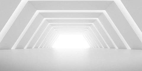 Wall Mural - Abstract of white concrete tunnel with the light cast shadow on the wall ,Geometric structure,Perspective of brutalism  architecture,Museum space design. 3d rendering.	