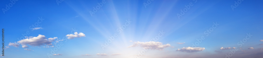 Panorama of blue sky with bright sun - obrazy, fototapety, plakaty 
