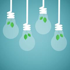 Poster - Environmental protection. Energy saving eco lamps with leaves on blue background, illustration