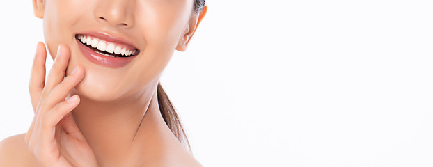 beautiful smile young woman. white teeth on white background,