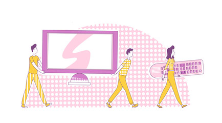 Poster - Home cinema system thin line concept vector illustration. Men carrying television and woman holding big TV remote 2D cartoon characters for web design. Multimedia entertainment creative idea