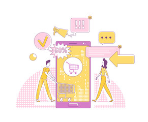 Poster - Mobile marketing thin line concept vector illustration. Customers 2D cartoon characters for web design. Internet advertising business, online shopping technology, sale promotion creative idea