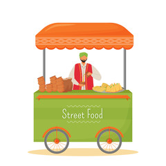 Poster - Street food seller flat color vector faceless character. Indian traditional cuisine mobile kiosk, fast food service isolated cartoon illustration for web graphic design and animation