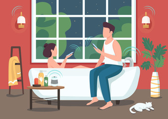 Poster - Couple in smart bathroom flat color vector illustration. People remotely controlling appliances with smartphones. Young man and woman 2D cartoon characters with automated bath room on background