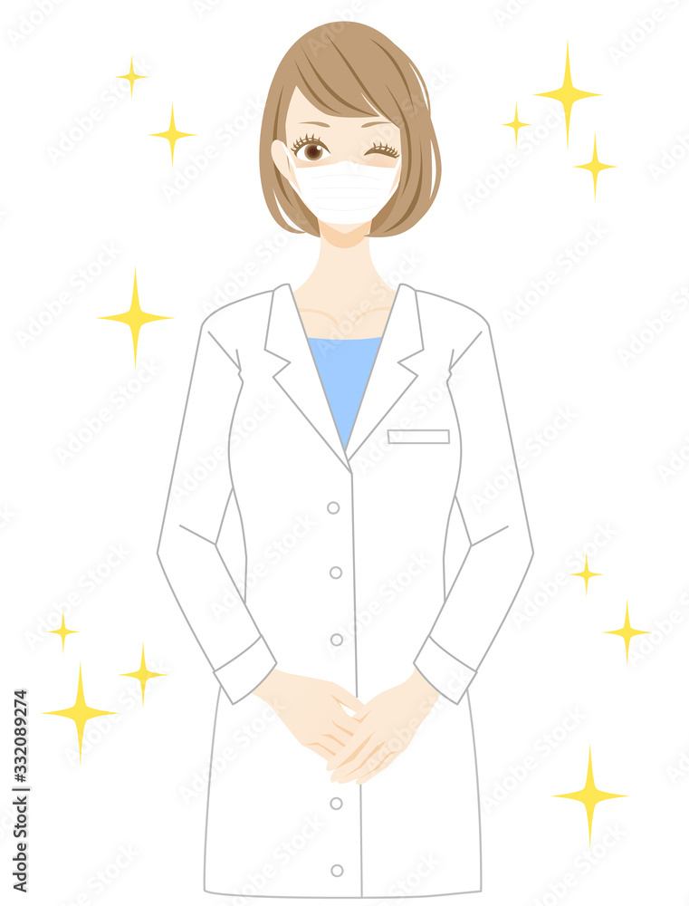 マスクを着用する先生 笑顔の女性のイラスト 白いスーツ 白衣 Wall Mural Mayu マスクを着用する先生 笑顔の女性のイラスト 白いスーツ 白衣 Wall Mural Mayu