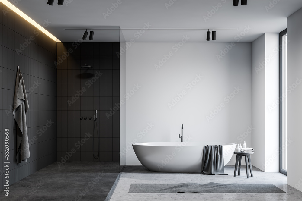 White and black bathroom with tub and shower - obrazy, fototapety, plakaty 