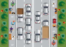 Road Traffic And A Sidewalk. View From Above. Vector Illustration.