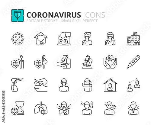 Fotografía Simple set of outline icons about Coronavirus prevention and symptoms