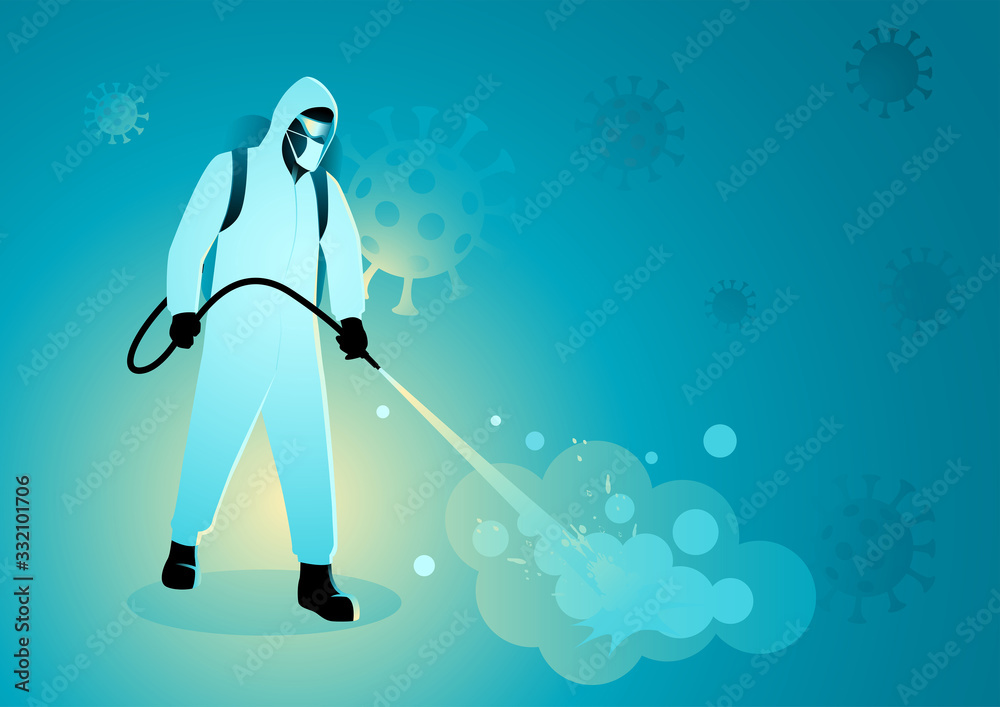 Man in protective suit spraying disinfectant to cleaning and disinfect virus - obrazy, fototapety, plakaty 