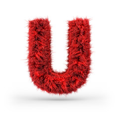 Capital letter U. Uppercase. Red fluffy and furry font. 3D