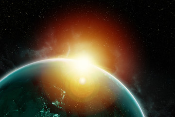 Wall Mural - beautiful sunrise over Earth in the space art print wallpaper. Elements of this image furnished by NASA