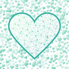 Poster - low poly heart. geometric heart mesh in teal green color shades, teal green connections. appealing n