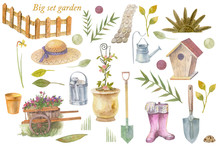 Big Watercolor Set With Garden Accessories On A White Background.