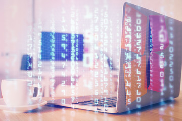multi exposure of desktop computer and technology theme hologram. concept of software development.