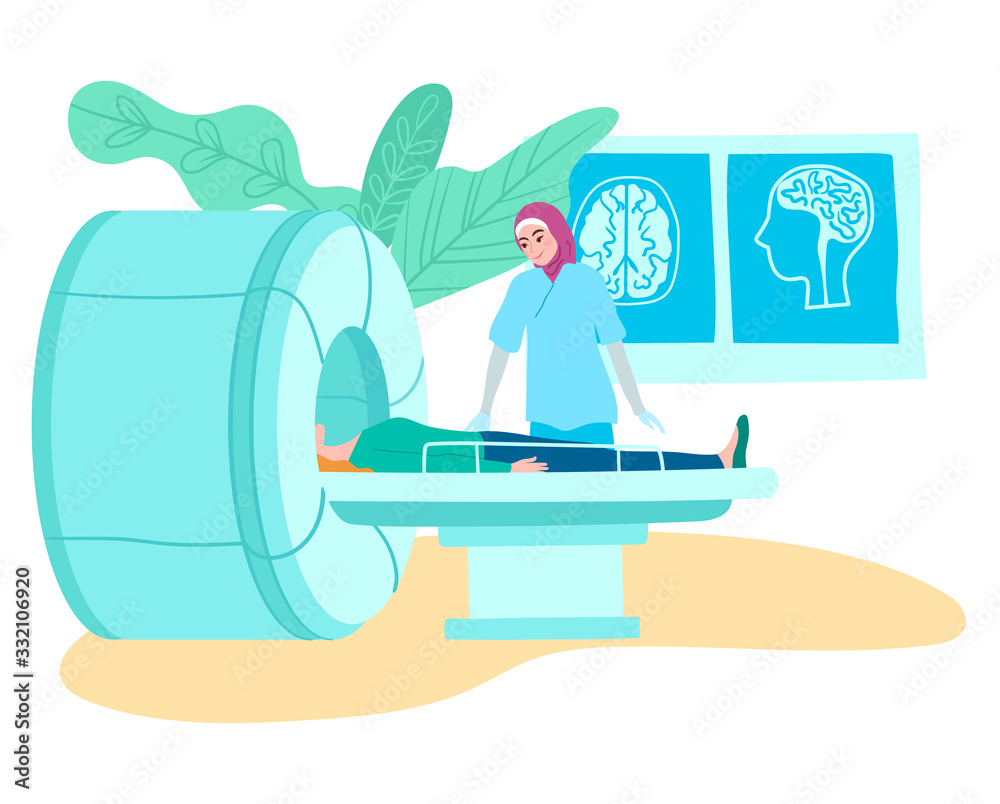 MRI tomography scanner in hospital, muslim doctor and patient on ...