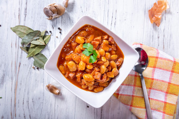 Wall Mural - Baked beans in tomato sauce with chopped sausage