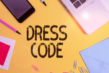 conceptual hand writing showing dress code. concept meaning an accepted way of dressing for a partic