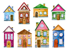 Watercolor Illustration Of Cute Houses. Hand Painted. Isolated Houses On A White Background.