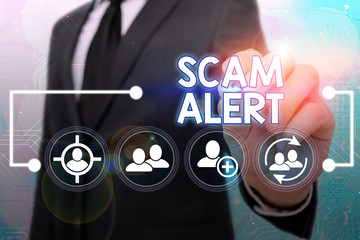 Poster - Handwriting text Scam Alert. Conceptual photo fraudulently obtain money from victim by persuading him