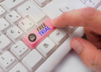 Aufkleber - Conceptual hand writing showing Free Trial. Concept meaning Product or service offered for no cost to try and give feedback