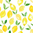 Watercolor illustration of citrus pattern. Yellow lemons with leaves.