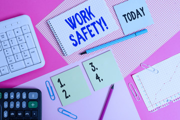 Poster - Word writing text Work Safety. Business photo showcasing policies and procedures in place to ensure health of employees Writing equipments and computer stuffs placed above colored plain table