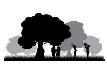 Poster - Vector silhouette of children playing under tree on white background. Symbol of nature and school.