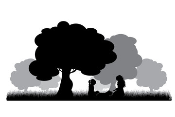 Wall Mural - Vector silhouette of children playing under tree on white background. Symbol of nature and school.