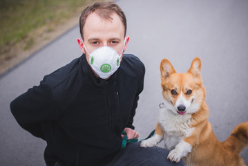 Wall Mural - a man on a walk with a corgi dog wearing a face mask and during coronavirus pandemia