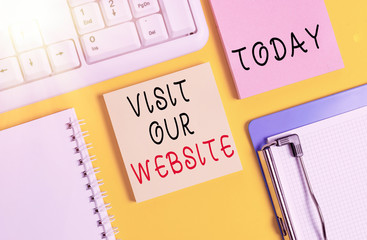 Poster - Word writing text Visit Our Website. Business photo showcasing visitor who arrives at web site and proceeds to browse Empty papers with copy space on yellow background table