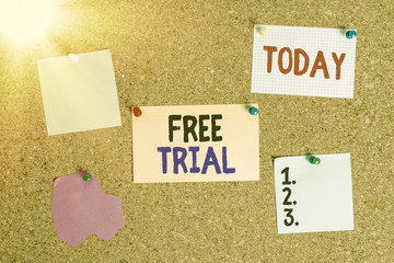 Aufkleber - Conceptual hand writing showing Free Trial. Concept meaning Product or service offered for no cost to try and give feedback Corkboard size paper thumbtack sheet billboard notice board